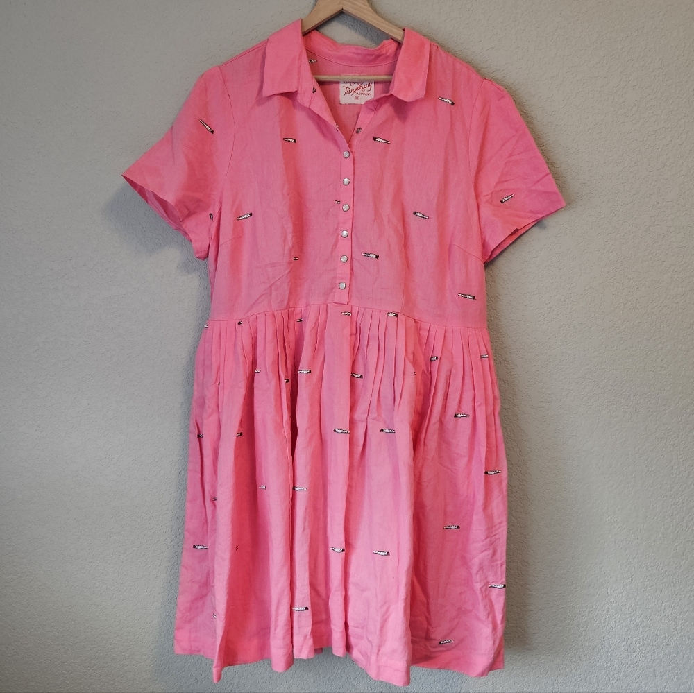 Pink Button-Front Short Sleeve Dress